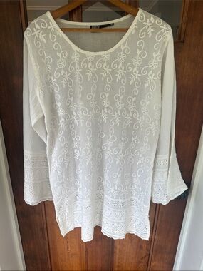 Anandas Collection Boho White Embroidered Eyelet Cotton Tunic Top Size XL